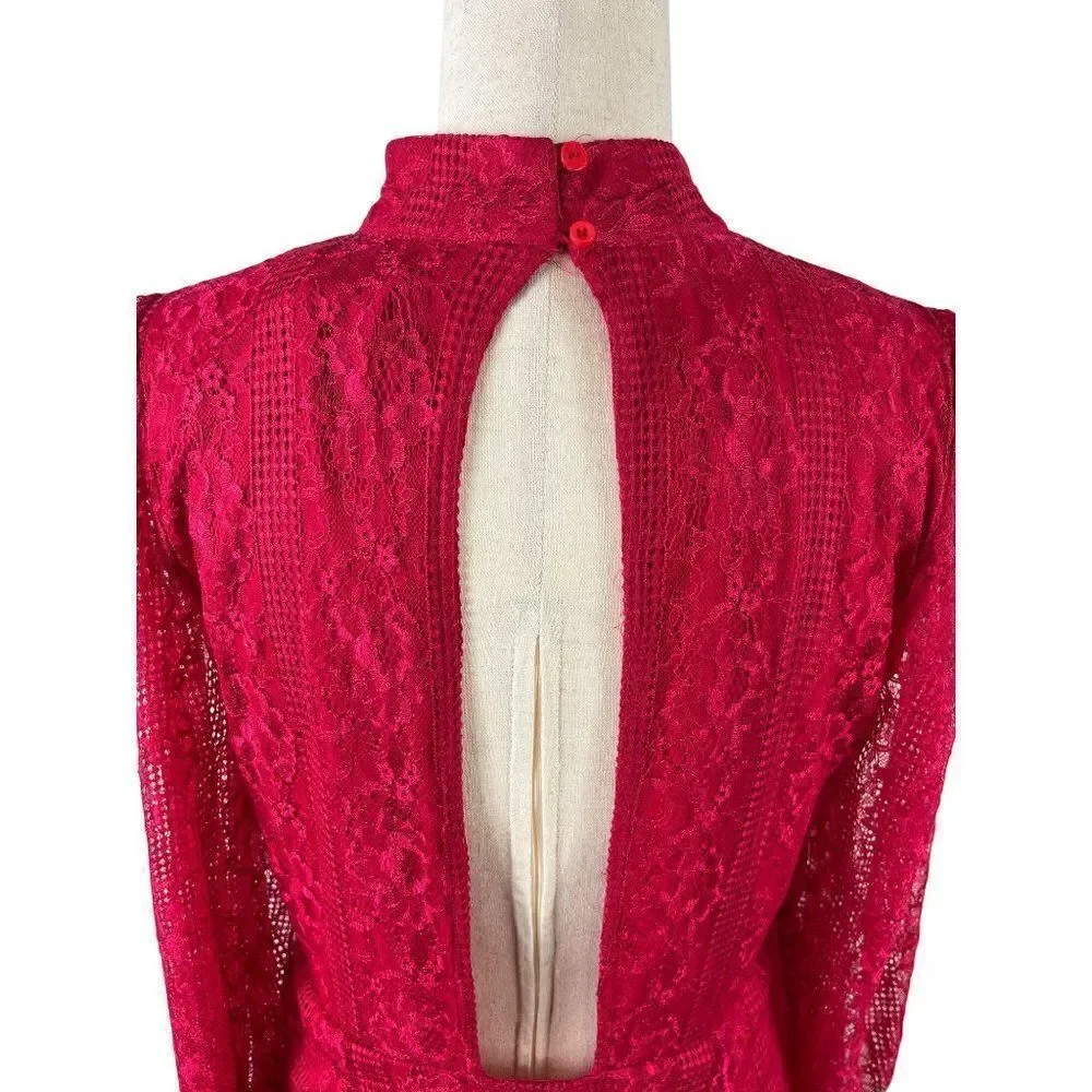 Anthropologie Maeve Open Back Lace Mini Dress Raspberry 12 Pockets Romantic Date